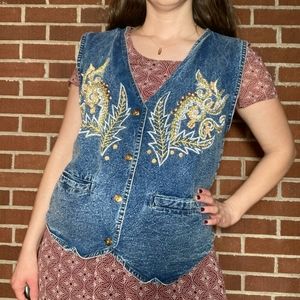 Vintage Denim Vest with Embroidery and Beading